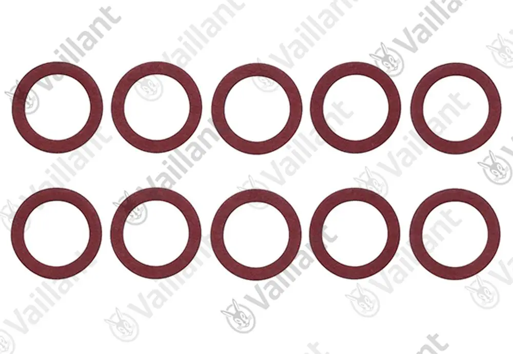 Zehn runde Dichtungsringe in rot aus Gummi, platziert in zwei Reihen. Produkt von Vaillant, geeignet für verschiedene Anwendungen in der Heiztechnik.